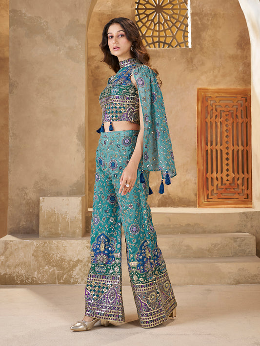 Teal Designer Crop Top with Palazzo & Cape Set