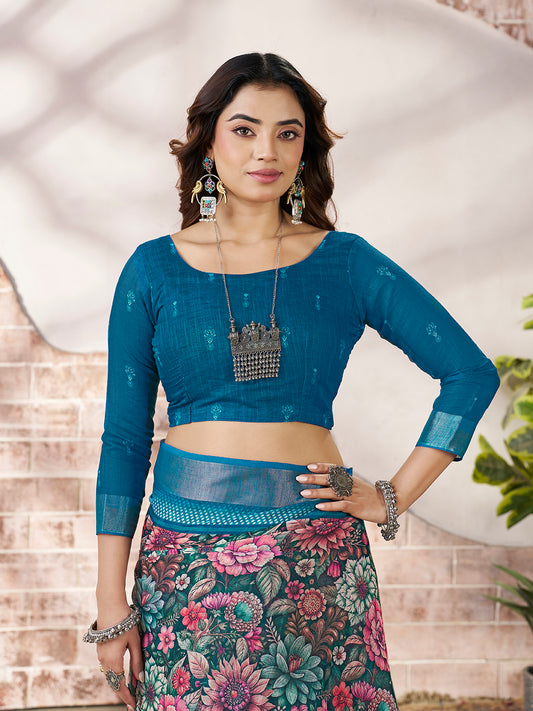 Stylish Teal Blue Printed Saree with Border Detail