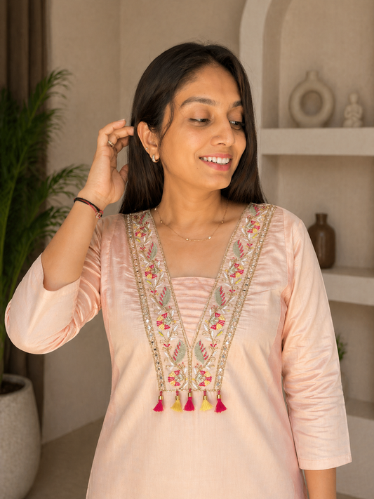 Titan Silk Kurti Set with Embroidered & Hand, Mirror Work