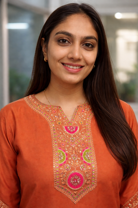 Rust Orange Roman Silk Embroidered Kurti Palazzo Set