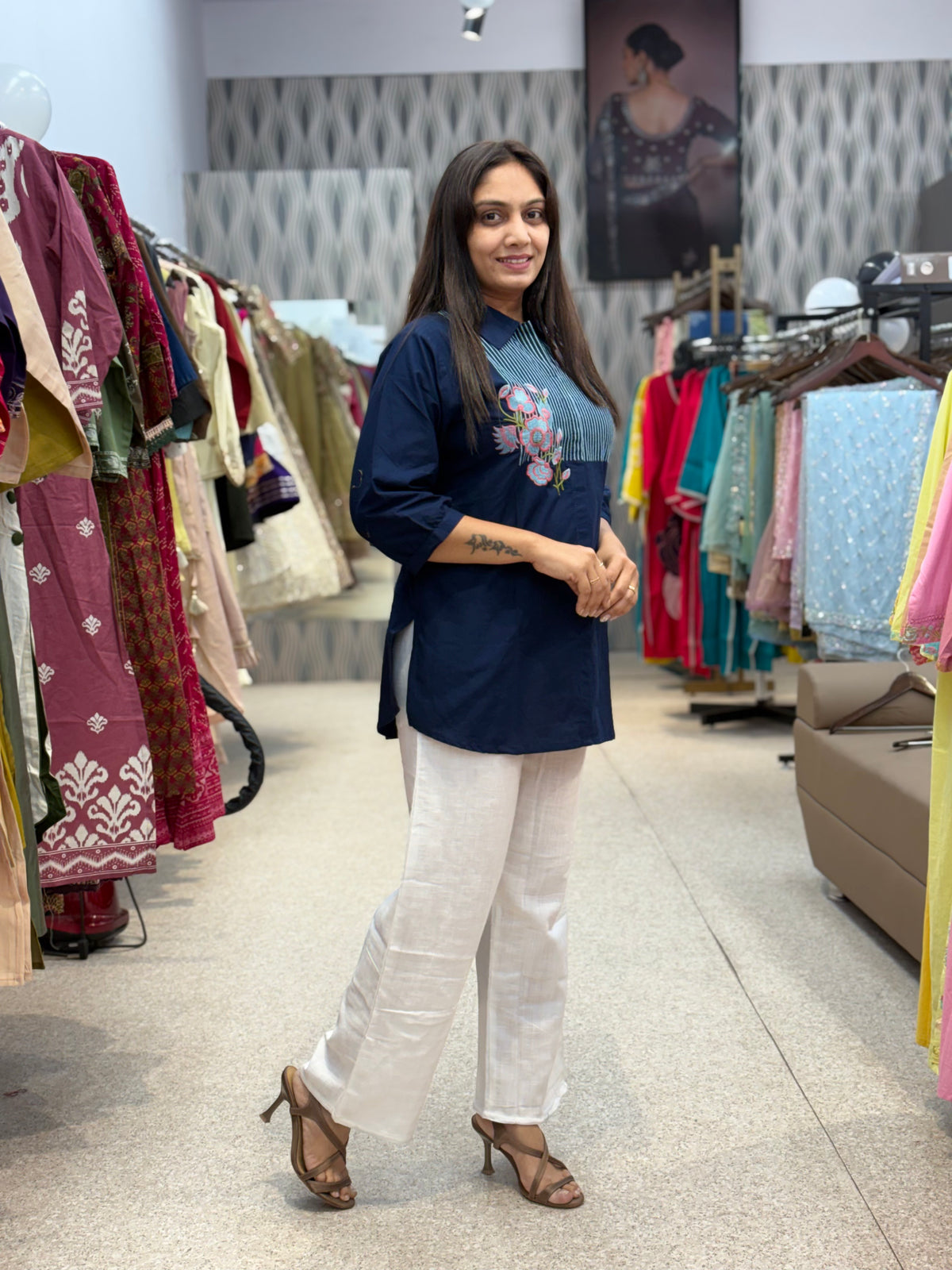 Navy Blue Floral Embroidered Tunic