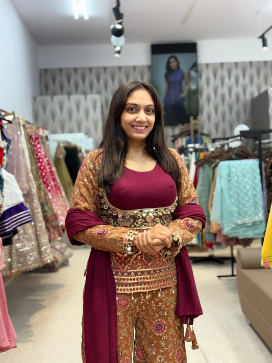 Maroon Embroidered with position print Palazzo Set with Dupatta