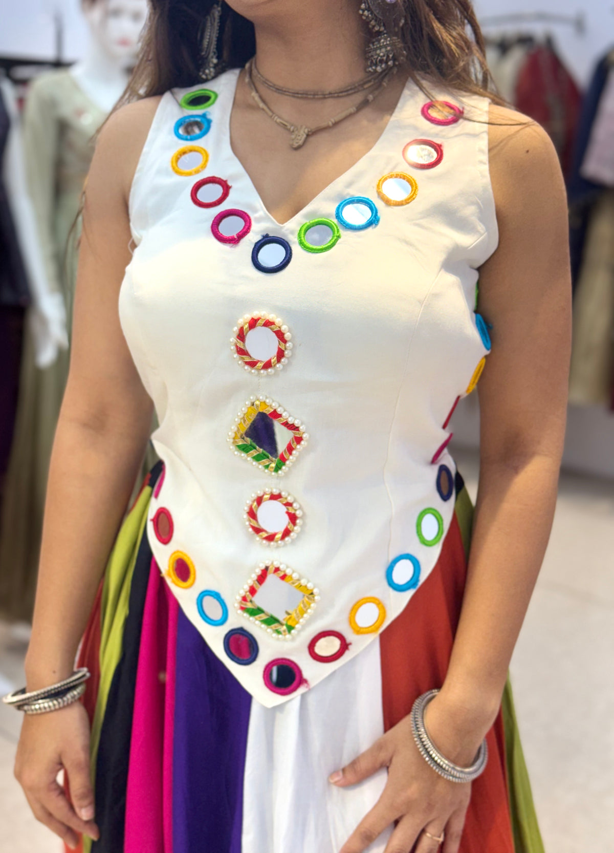 Ivory Designer Blouse with Multicolor Flared Ghaghra