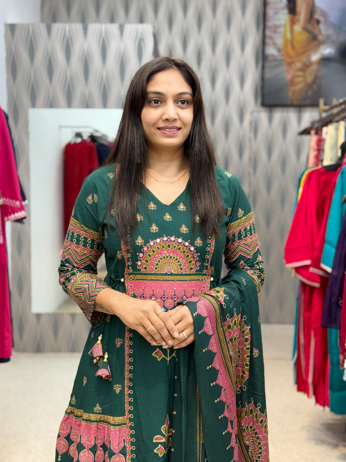Green Printed Anarkali Kurti Set with Dupatta
