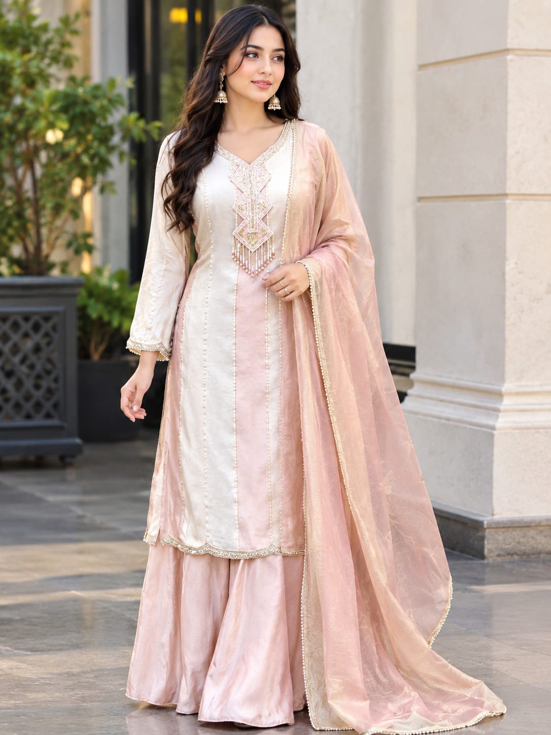 Elegant Blush Pink & Ivory HandWork Suit Set with Dupatta