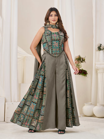Olive Green Position Print With Embroidered Indo-Western Palazzo Set with Dupatta