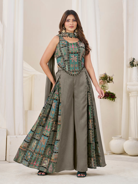 Olive Green Position Print With Embroidered Indo-Western Palazzo Set with Dupatta