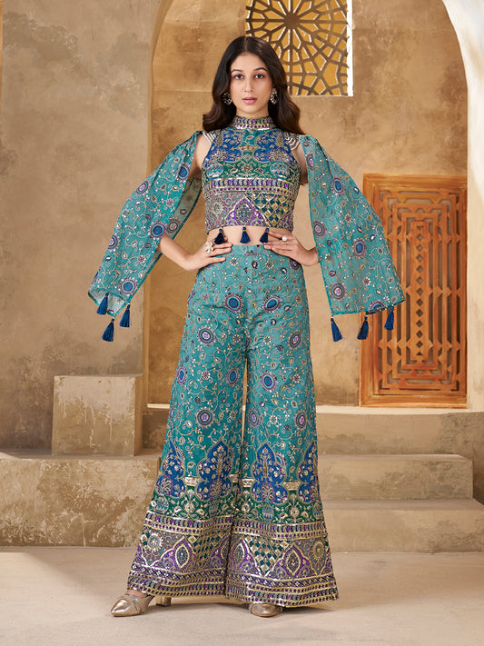 Teal Designer Crop Top with Palazzo & Cape Set
