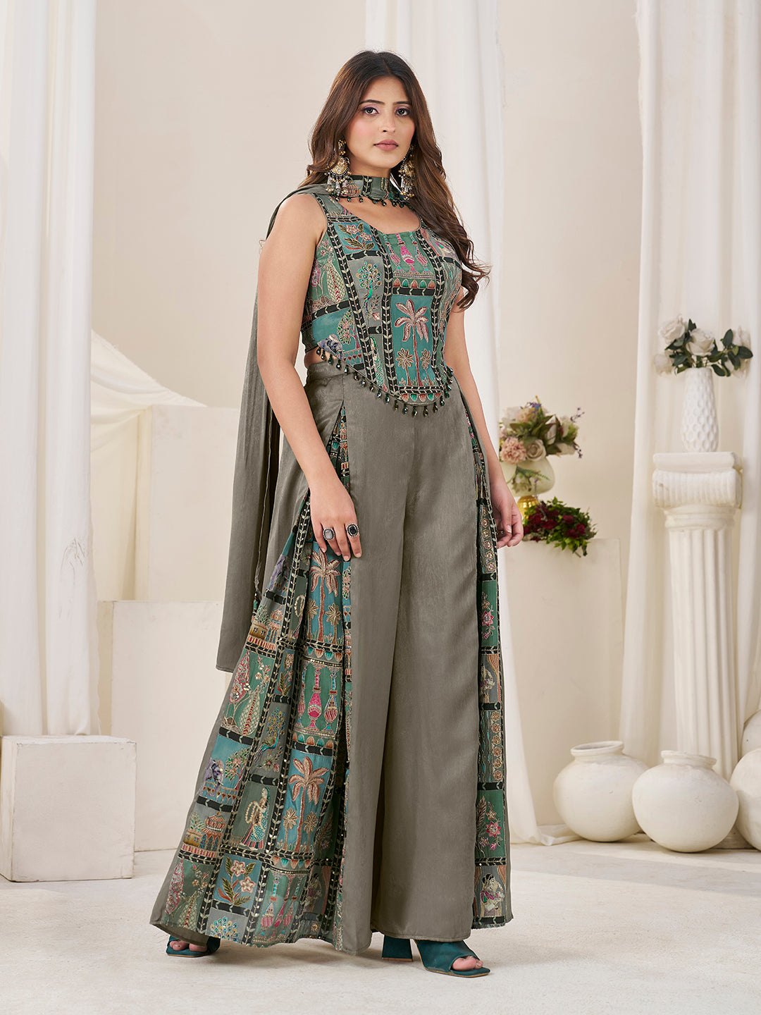 Olive Green Position Print With Embroidered Indo-Western Palazzo Set with Dupatta