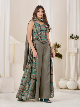 Olive Green Position Print With Embroidered Indo-Western Palazzo Set with Dupatta