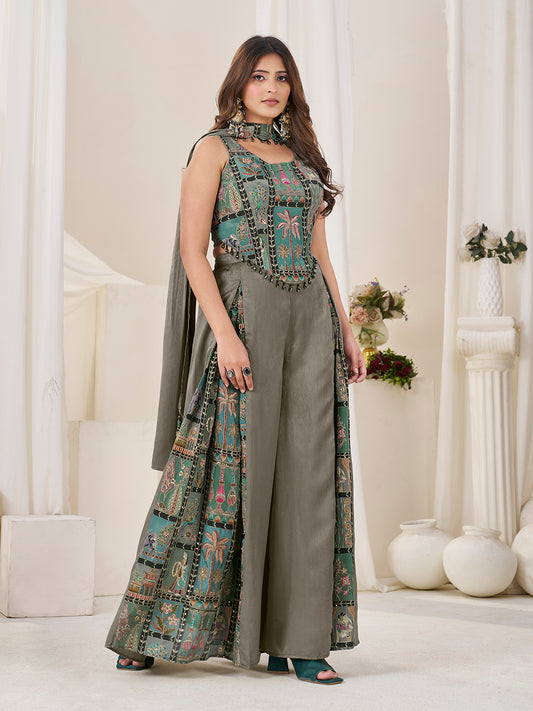 Olive Green Position Print With Embroidered Indo-Western Palazzo Set with Dupatta