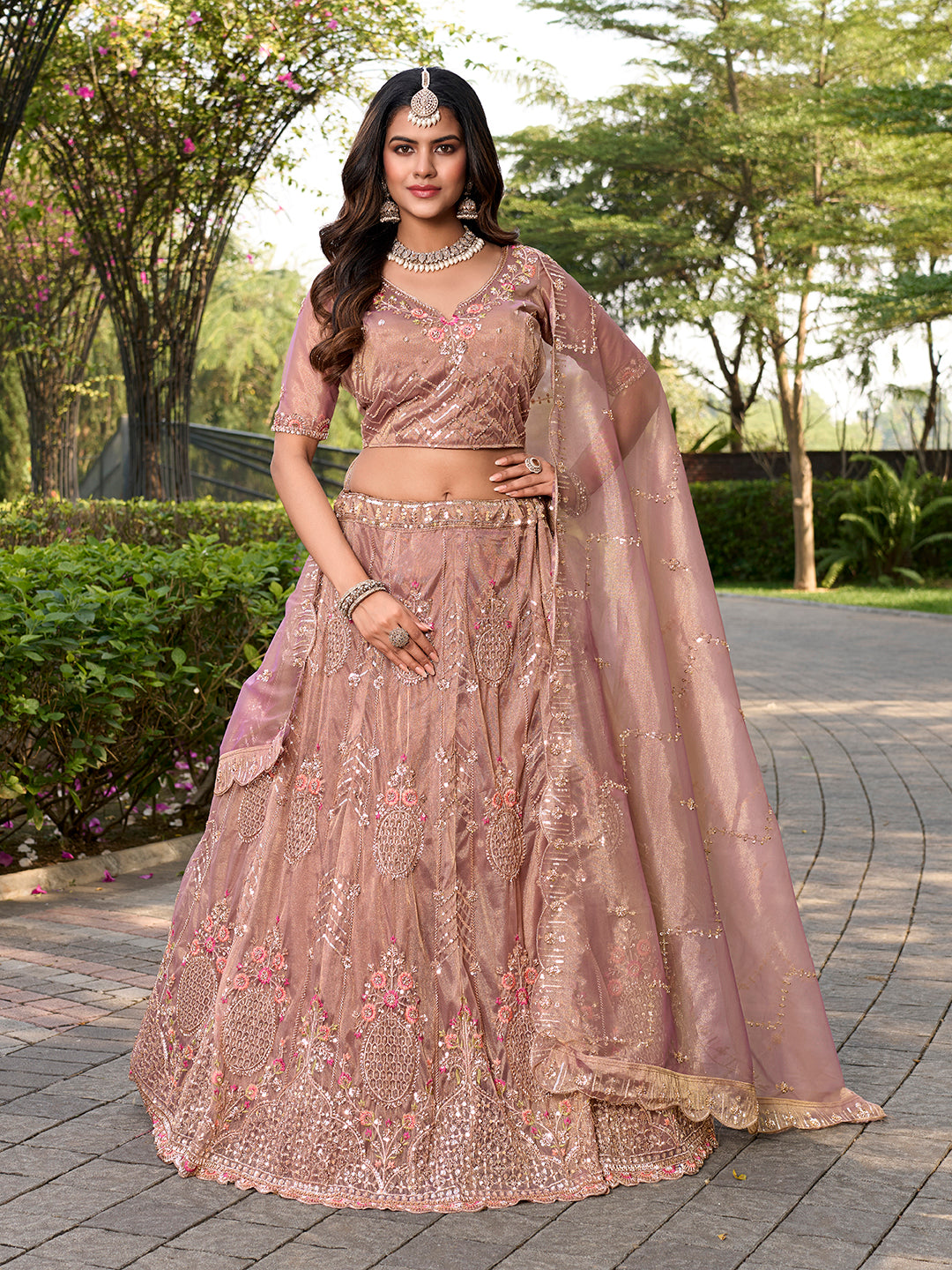 Rosy Brown Beads Embroidery Work With Multicord Work Designer Lehenga Choli