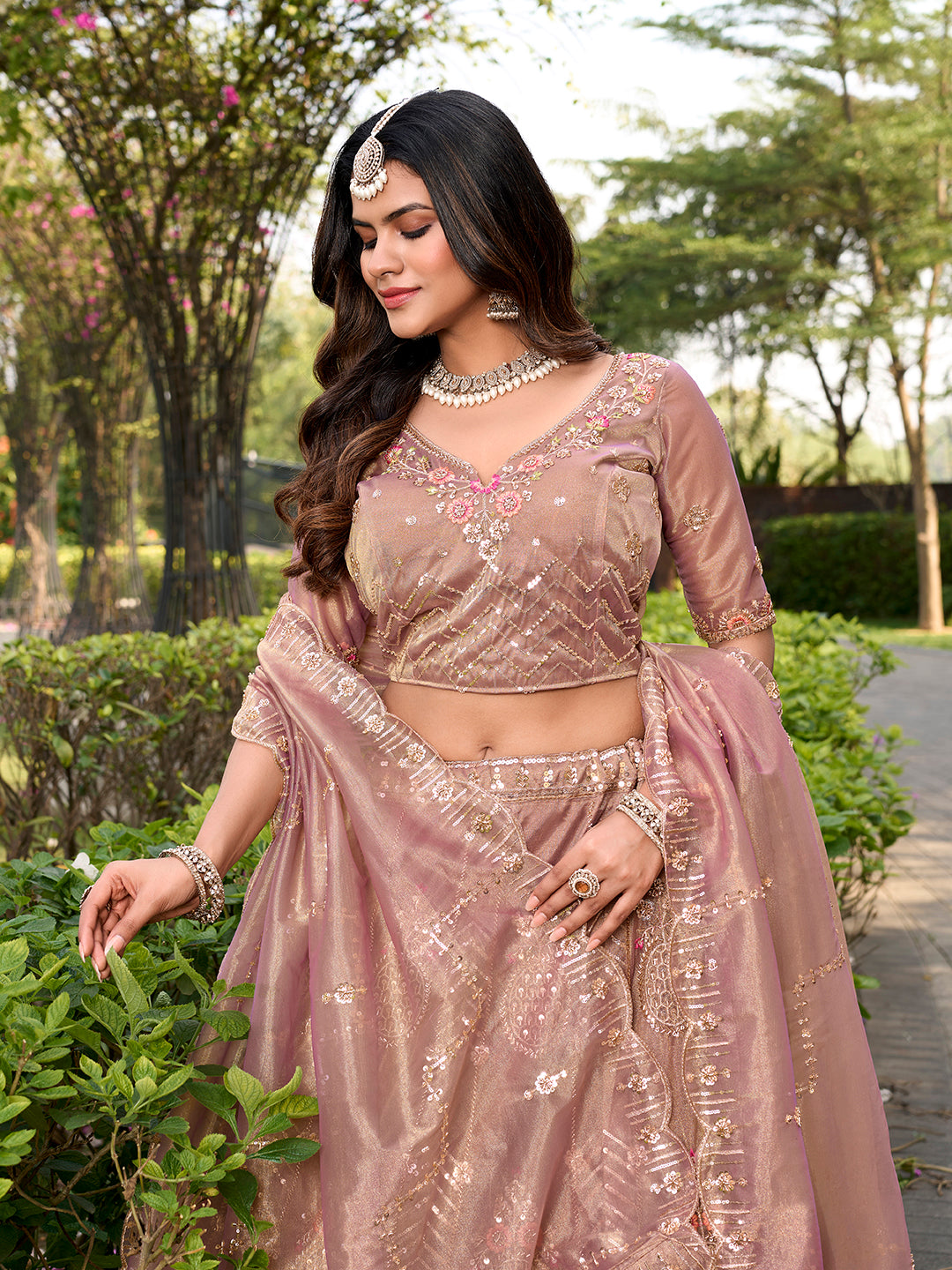 Rosy Brown Beads Embroidery Work With Multicord Work Designer Lehenga Choli