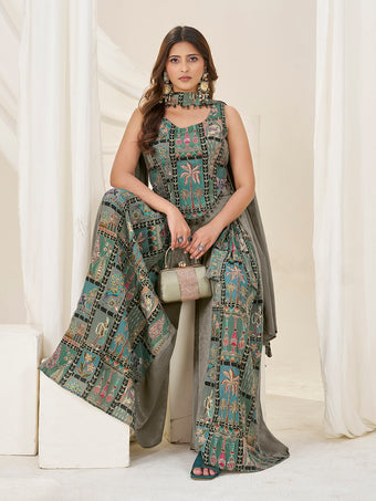 Olive Green Position Print With Embroidered Indo-Western Palazzo Set with Dupatta