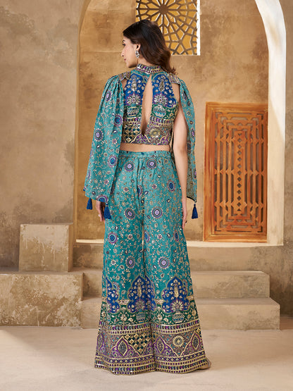 Teal Designer Crop Top with Palazzo & Cape Set