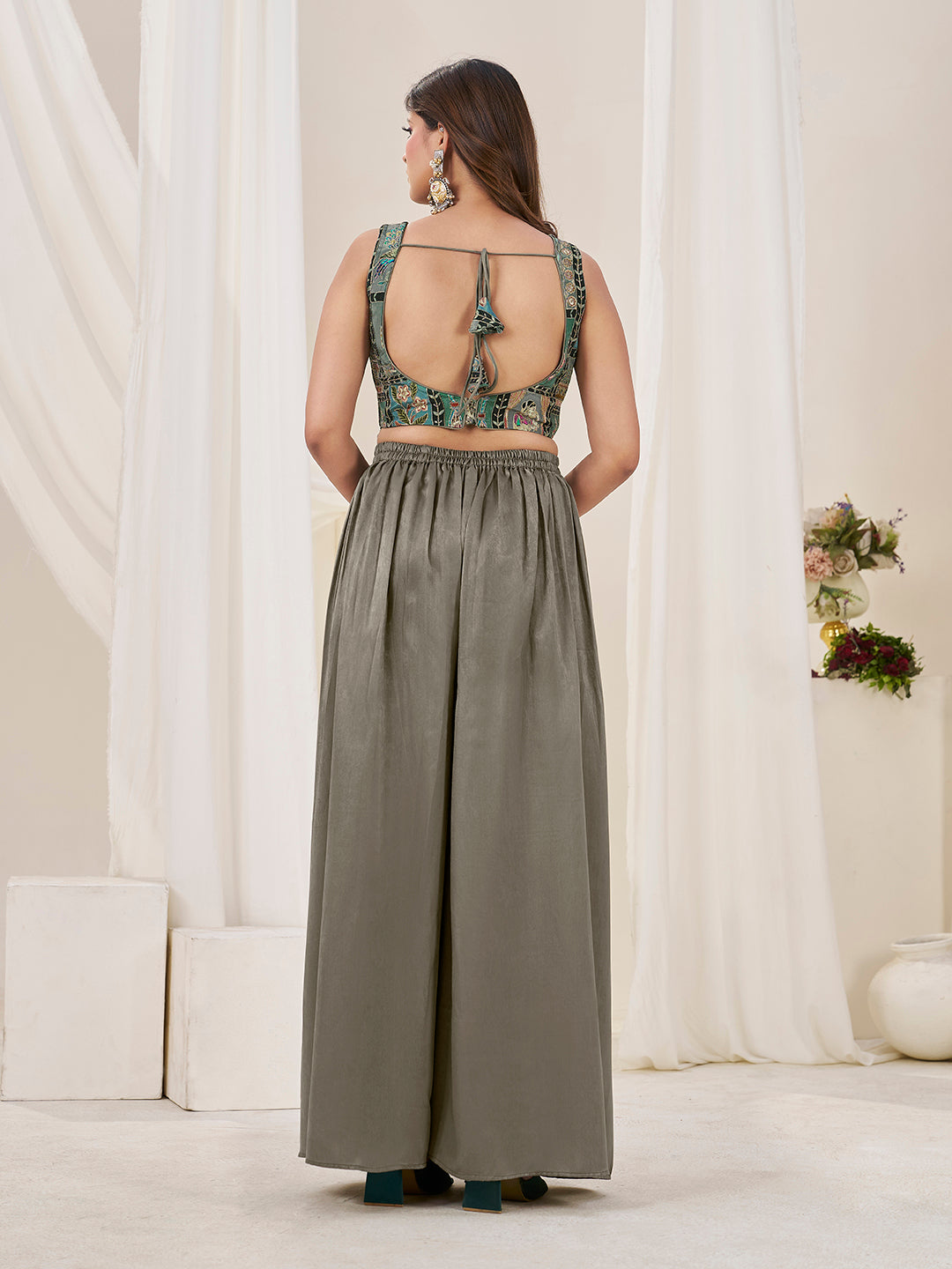 Olive Green Position Print With Embroidered Indo-Western Palazzo Set with Dupatta