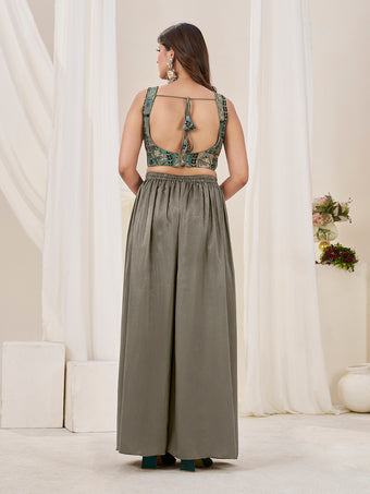 Olive Green Position Print With Embroidered Indo-Western Palazzo Set with Dupatta