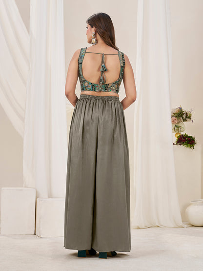 Olive Green Position Print With Embroidered Indo-Western Palazzo Set with Dupatta
