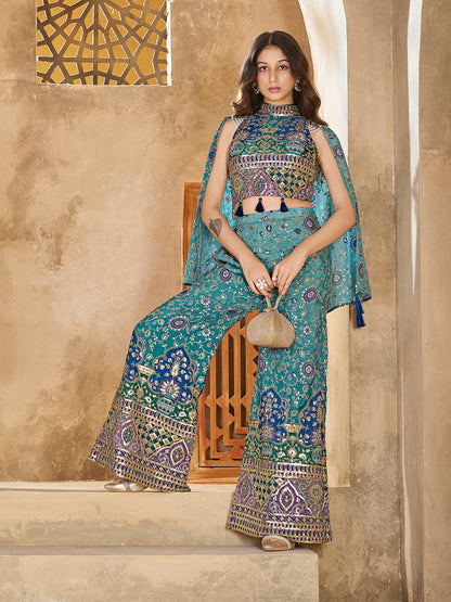 Teal Designer Crop Top with Palazzo & Cape Set