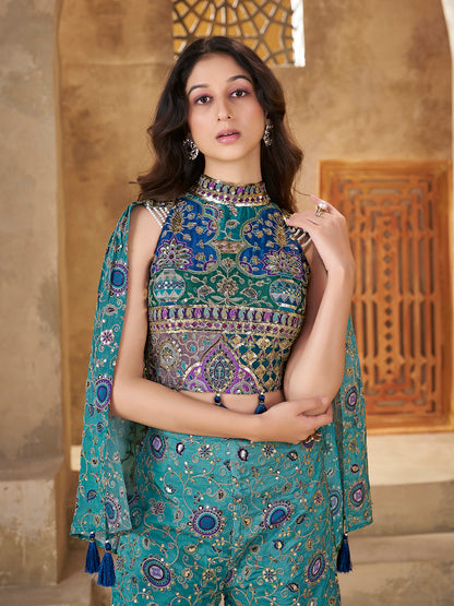 Teal Designer Crop Top with Palazzo & Cape Set