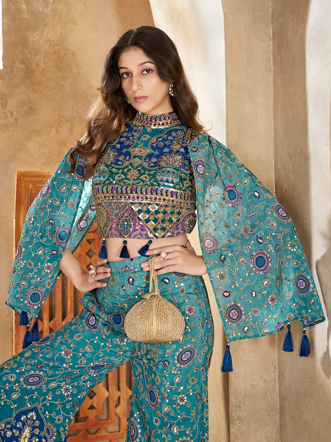 Teal Designer Crop Top with Palazzo & Cape Set