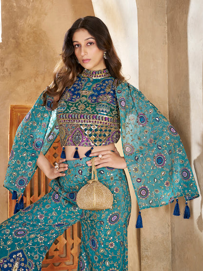 Teal Designer Crop Top with Palazzo & Cape Set