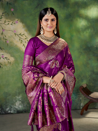 Purple Banarasi Style Jacquard Zari Woven Silk Saree with Unstitched Blouse (6.30 m)