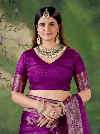 Purple Banarasi Style Jacquard Zari Woven Silk Saree with Unstitched Blouse (6.30 m)