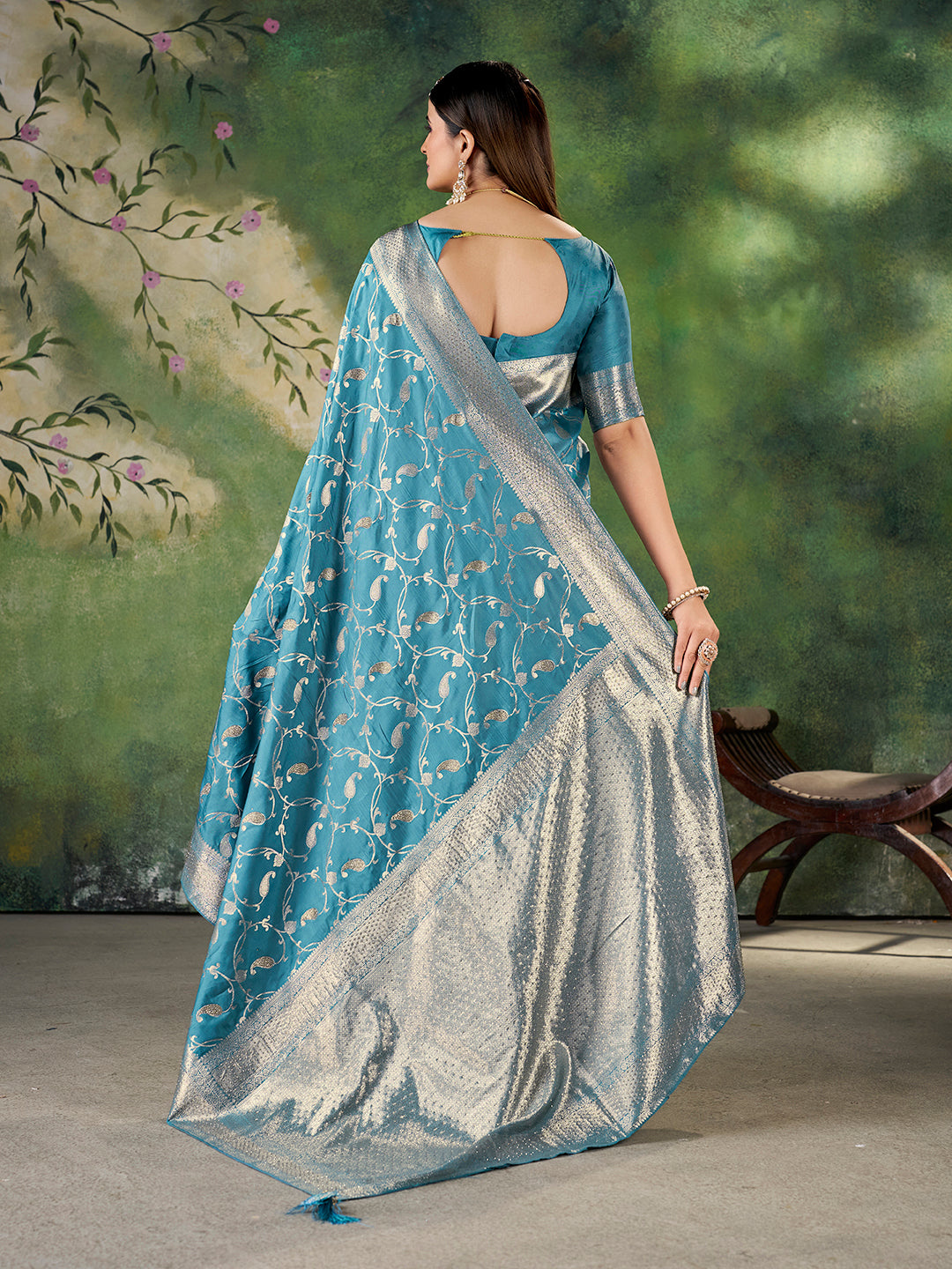 Teal Blue Banarasi Jacquard Zari Woven Saree with Unstitched Blouse