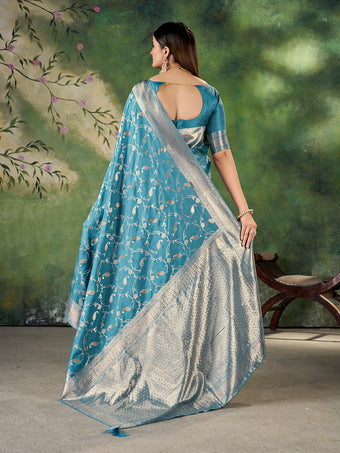 Teal Blue Banarasi Jacquard Zari Woven Saree with Unstitched Blouse