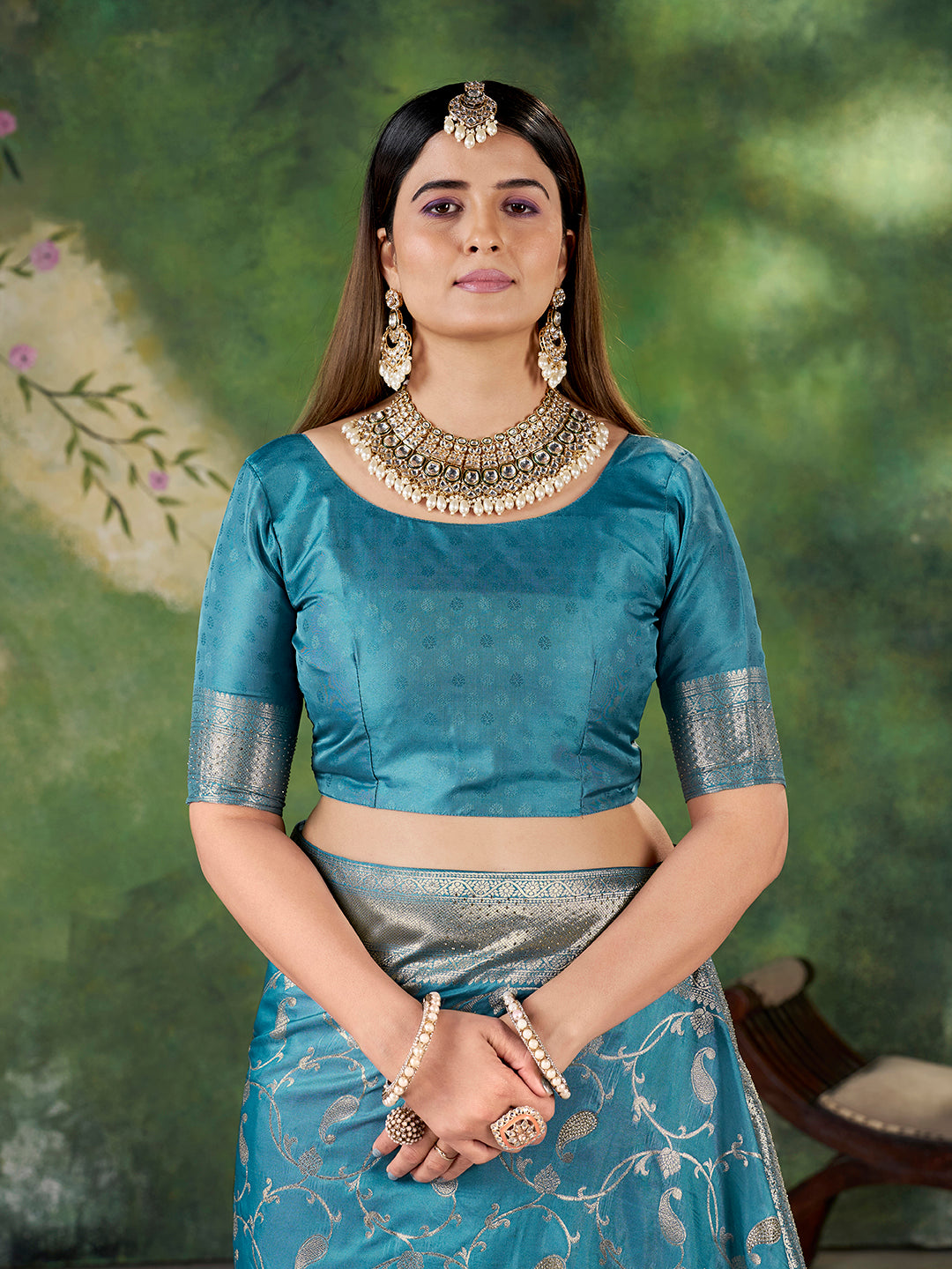 Teal Blue Banarasi Jacquard Zari Woven Saree with Unstitched Blouse