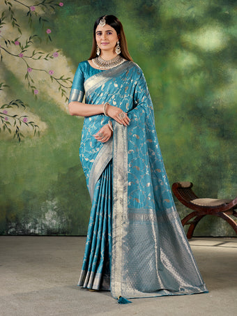 Teal Blue Banarasi Jacquard Zari Woven Saree with Unstitched Blouse