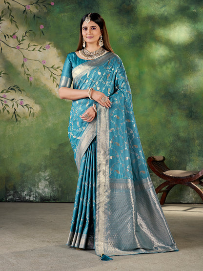 Teal Blue Banarasi Jacquard Zari Woven Saree with Unstitched Blouse