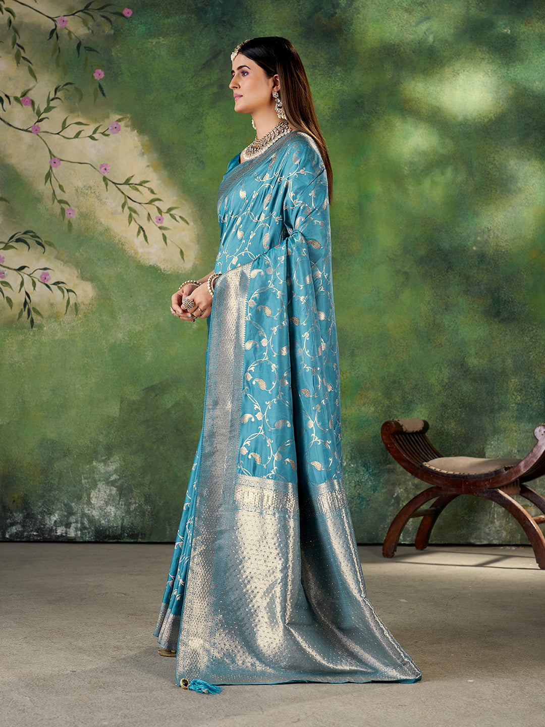 Teal Blue Banarasi Jacquard Zari Woven Saree with Unstitched Blouse