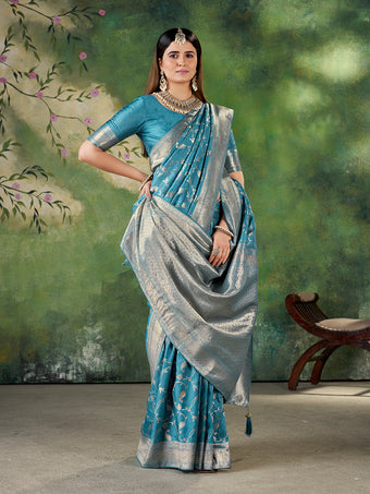 Teal Blue Banarasi Jacquard Zari Woven Saree with Unstitched Blouse