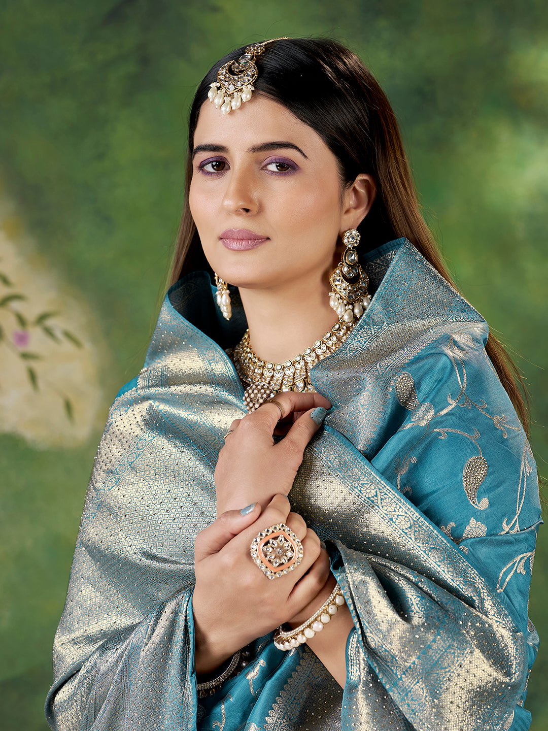 Teal Blue Banarasi Jacquard Zari Woven Saree with Unstitched Blouse