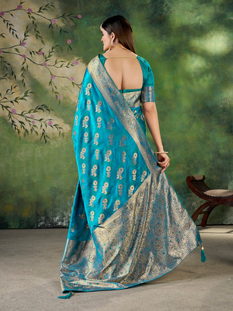 Teal Blue Banarasi Jacquard Zari Woven Saree with Unstitched Blouse