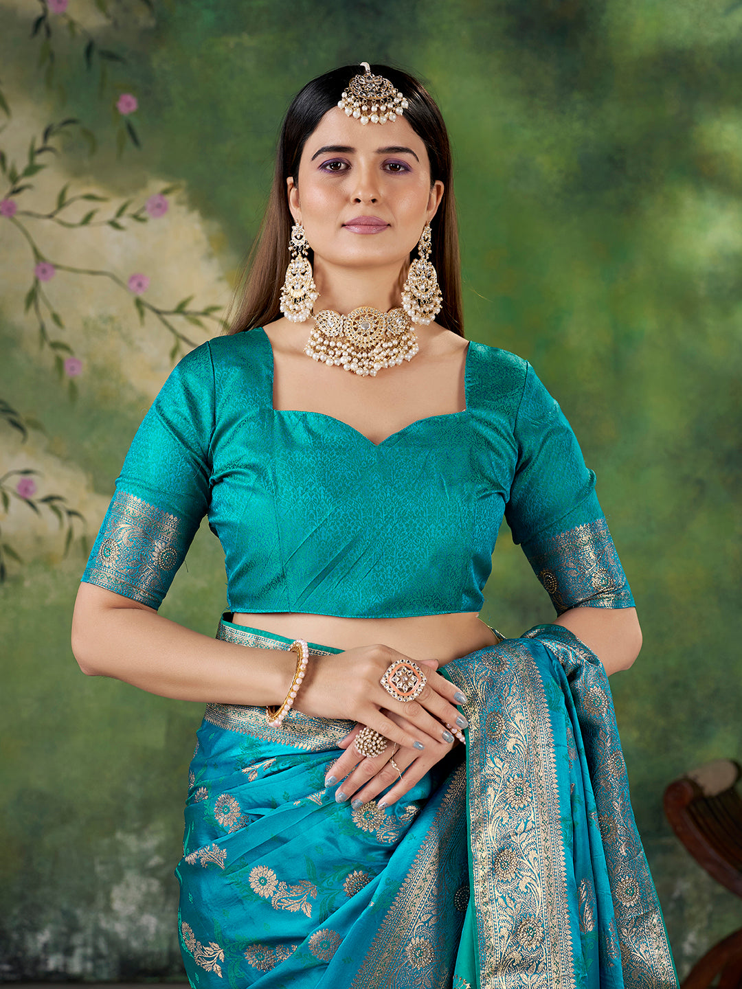Teal Blue Banarasi Jacquard Zari Woven Saree with Unstitched Blouse