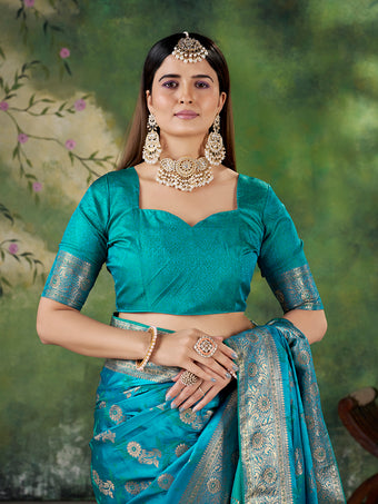 Teal Blue Banarasi Jacquard Zari Woven Saree with Unstitched Blouse