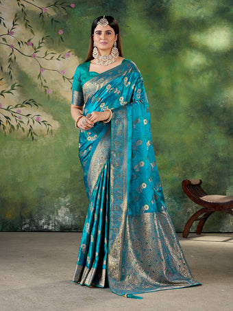Teal Blue Banarasi Jacquard Zari Woven Saree with Unstitched Blouse