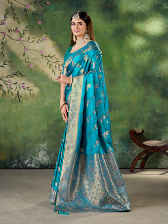 Teal Blue Banarasi Jacquard Zari Woven Saree with Unstitched Blouse