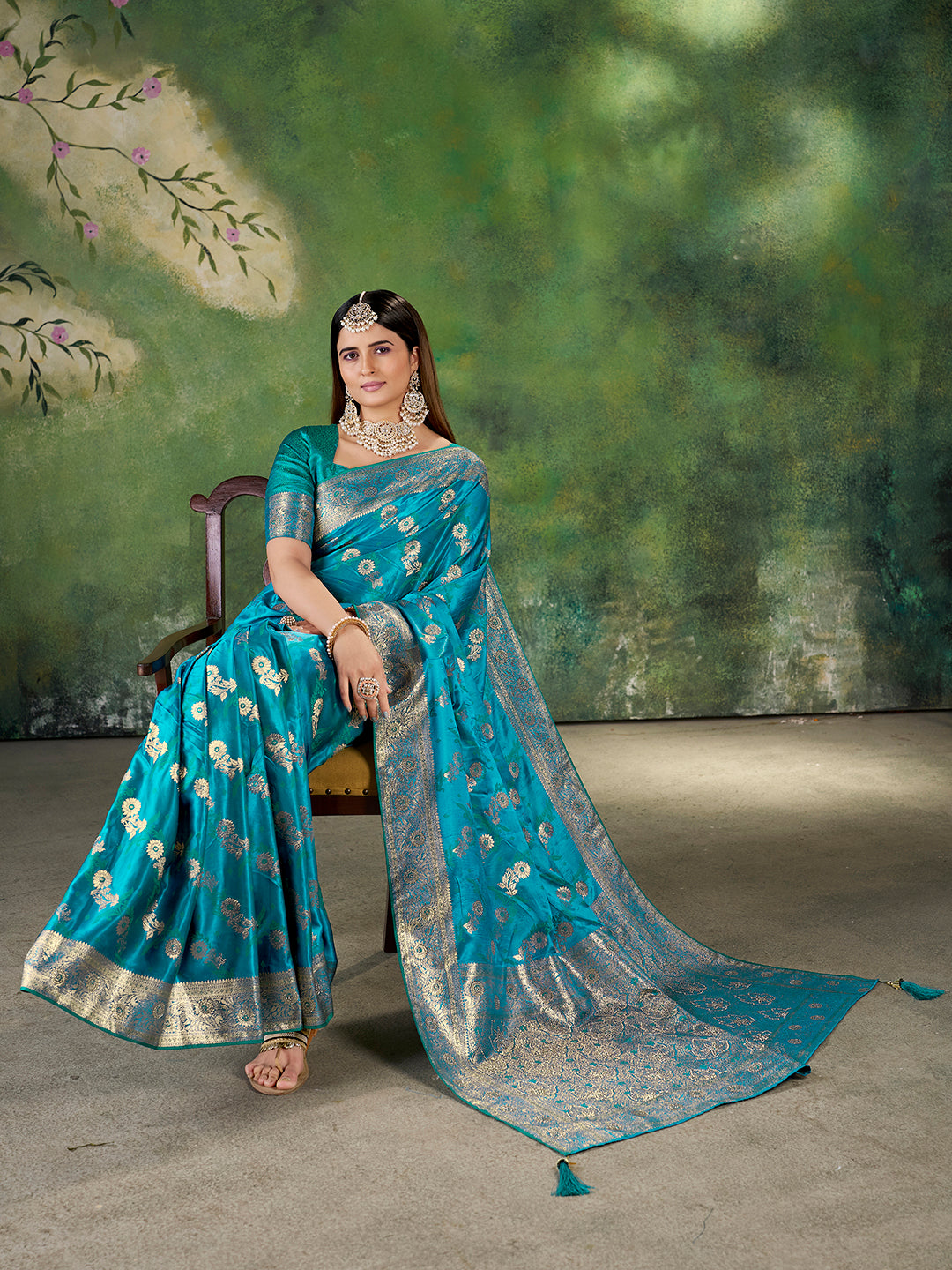 Teal Blue Banarasi Jacquard Zari Woven Saree with Unstitched Blouse