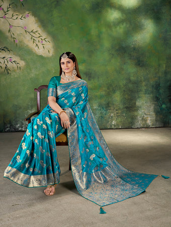 Teal Blue Banarasi Jacquard Zari Woven Saree with Unstitched Blouse