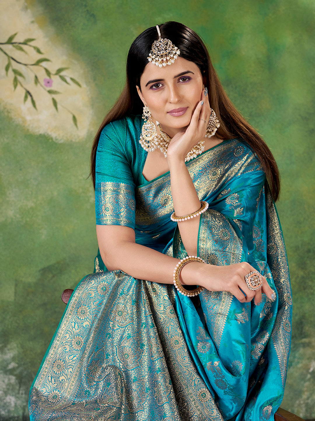 Teal Blue Banarasi Jacquard Zari Woven Saree with Unstitched Blouse