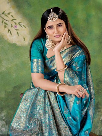Teal Blue Banarasi Jacquard Zari Woven Saree with Unstitched Blouse