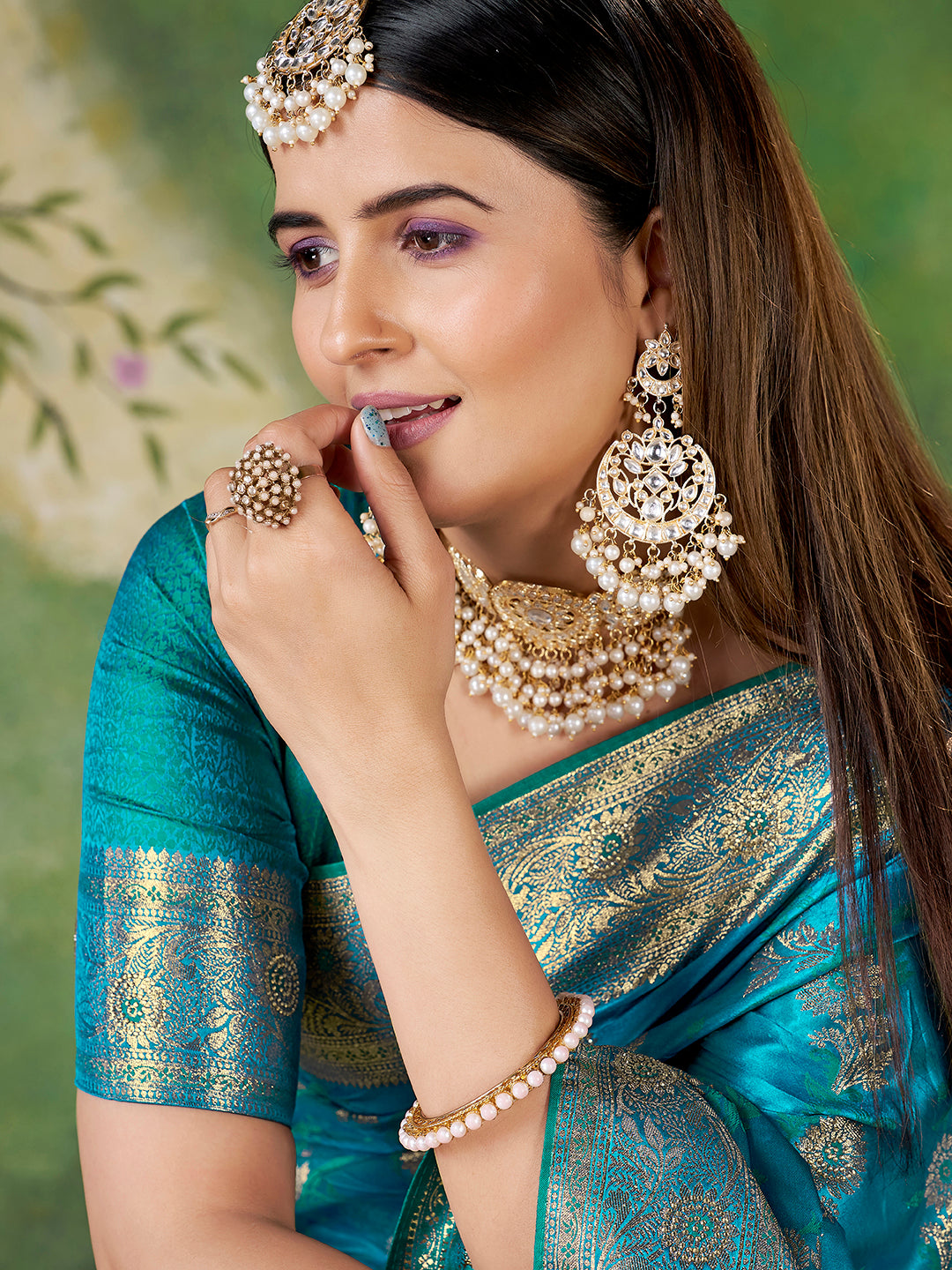 Teal Blue Banarasi Jacquard Zari Woven Saree with Unstitched Blouse