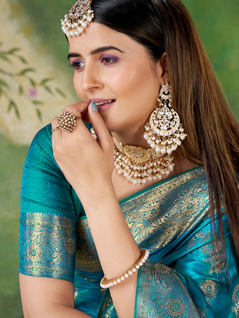 Teal Blue Banarasi Jacquard Zari Woven Saree with Unstitched Blouse