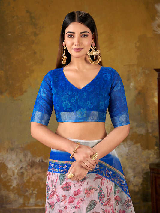 Premium Digital Print Saree with Royal Blue Pallu