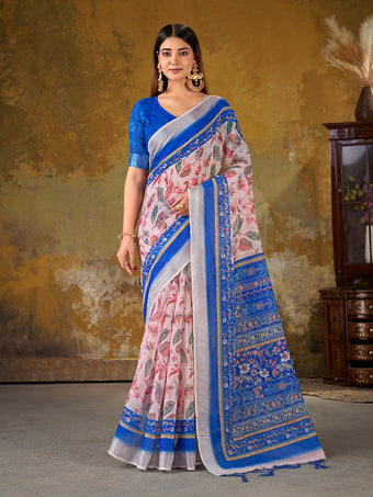 Premium Digital Print Saree with Royal Blue Pallu