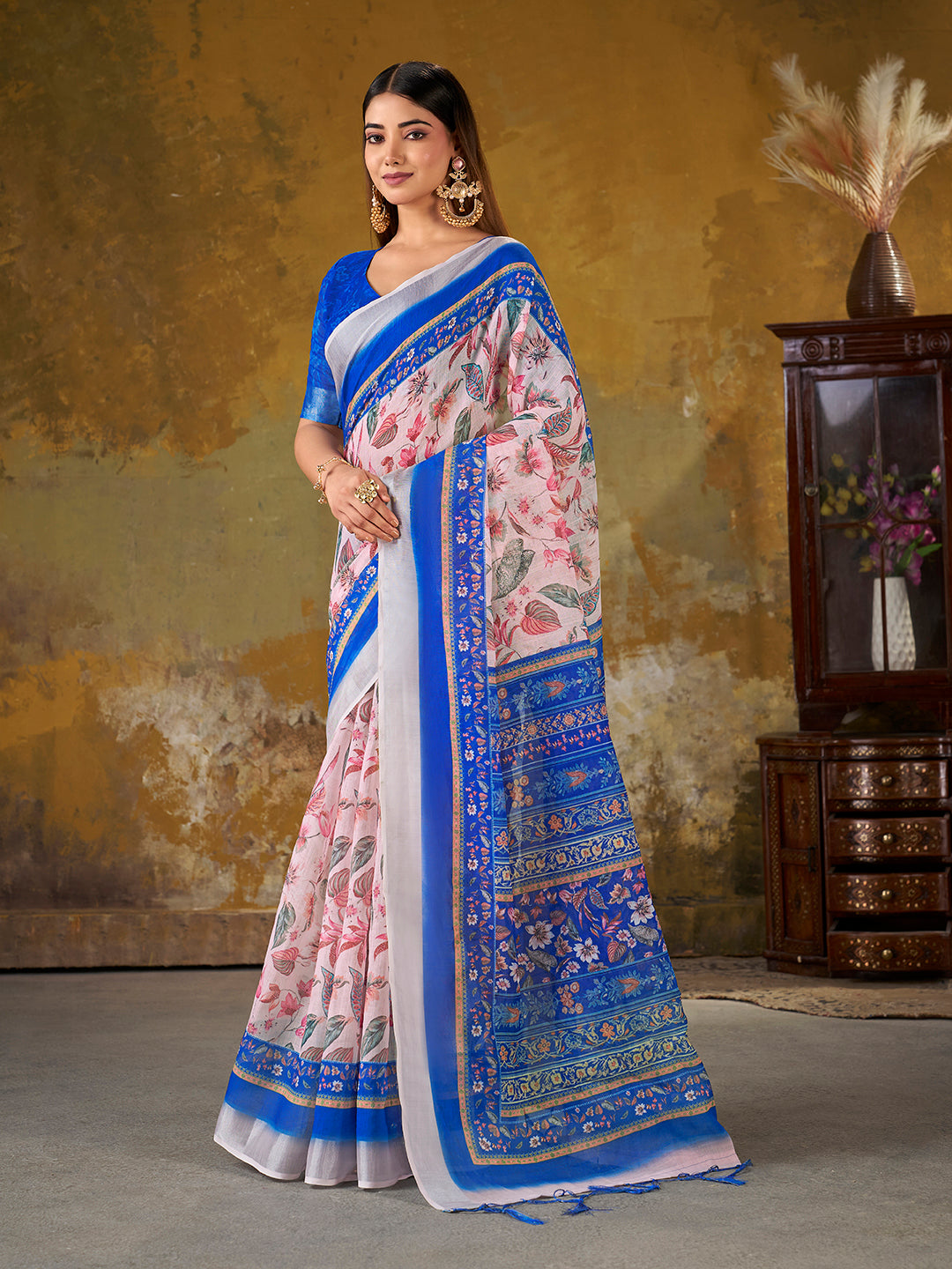 Premium Digital Print Saree with Royal Blue Pallu